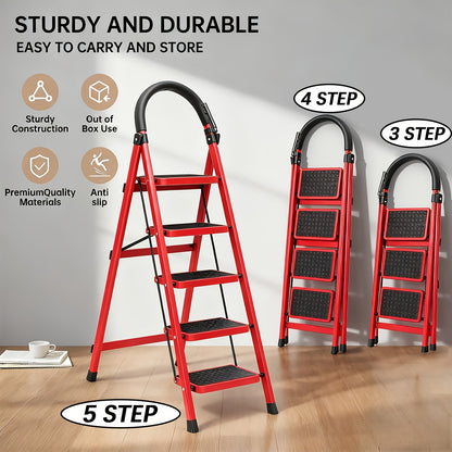 Heavy-Duty Folding Step Ladder 250–450 lb Capacity – A-Frame Metal with Non-Slip Steps, Wide Base & Locking System, 3/4/5-Step Foldable Design for Home, Garage & Outdoor Use