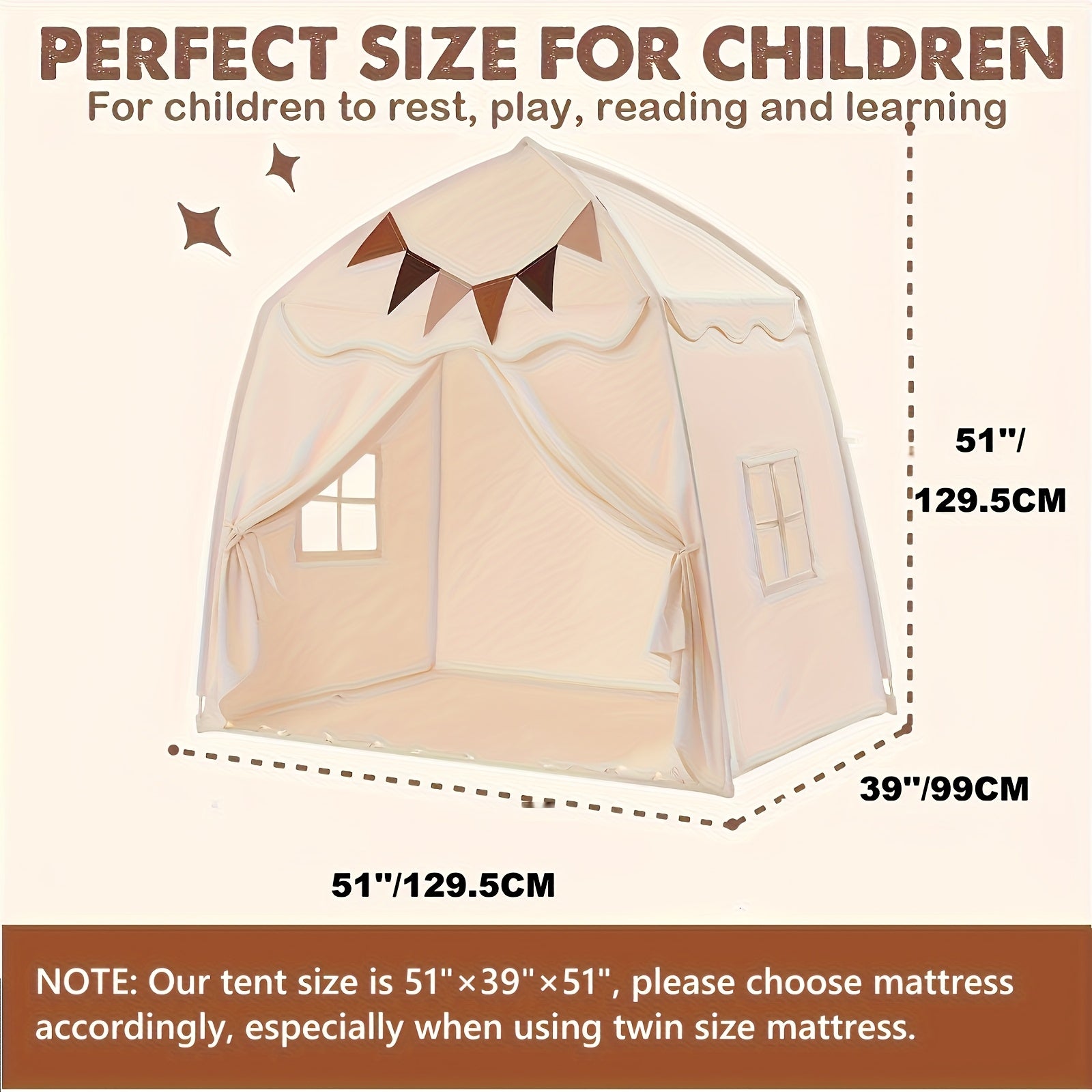 Kids Play Tent with Mat, Star Lights & Tissue Garland – Large 52"x35"x52" Indoor Outdoor Playhouse with Windows for Girls & Boys, Toddler Tent, Washable, Complete Imaginative Play Set