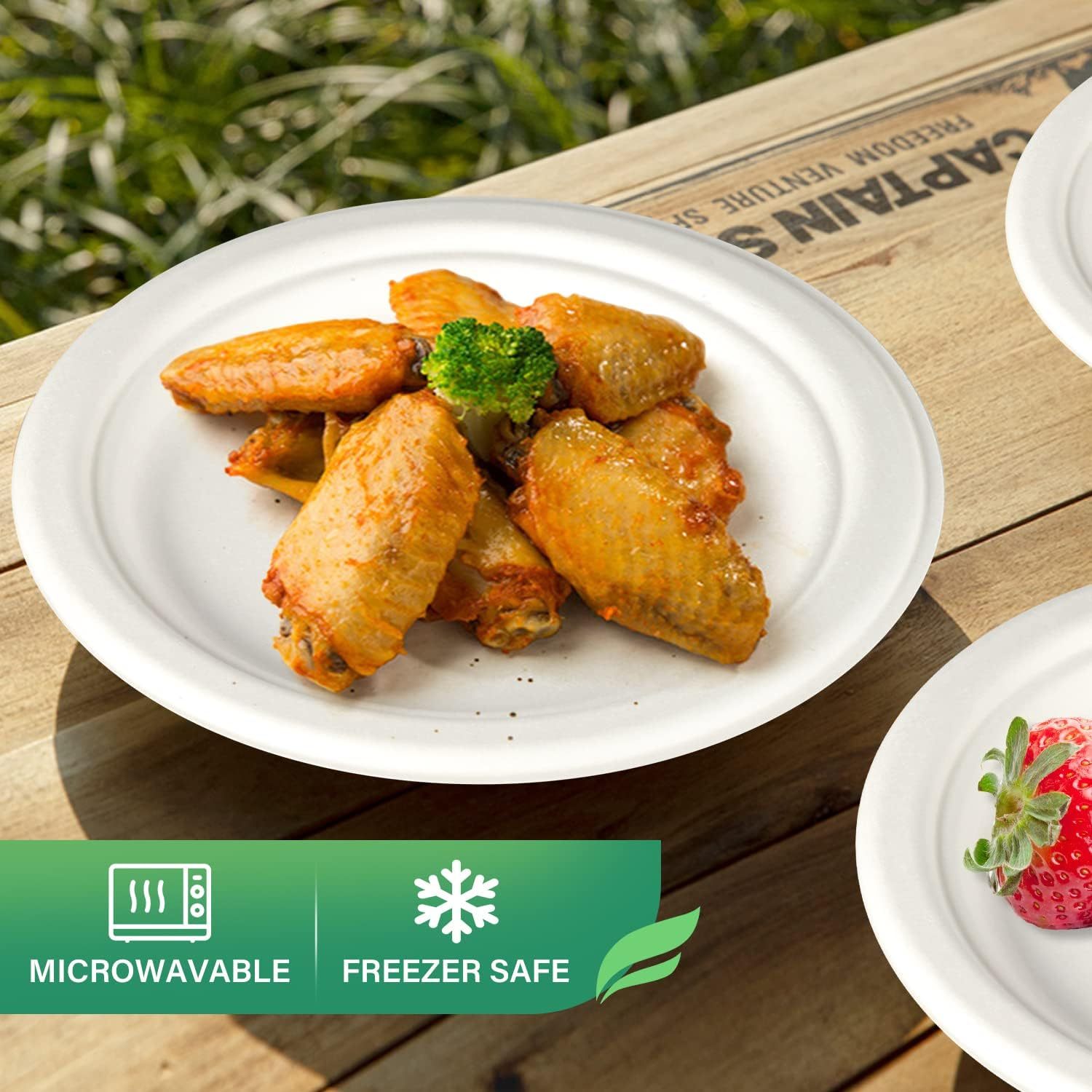 MTC 100-Pack 9 Inch Disposable Plates Round Paper Plates 100%Heavy Duty Sugarcane Fibers Plates 9" Plate for Daily Meals, Party, BBQ