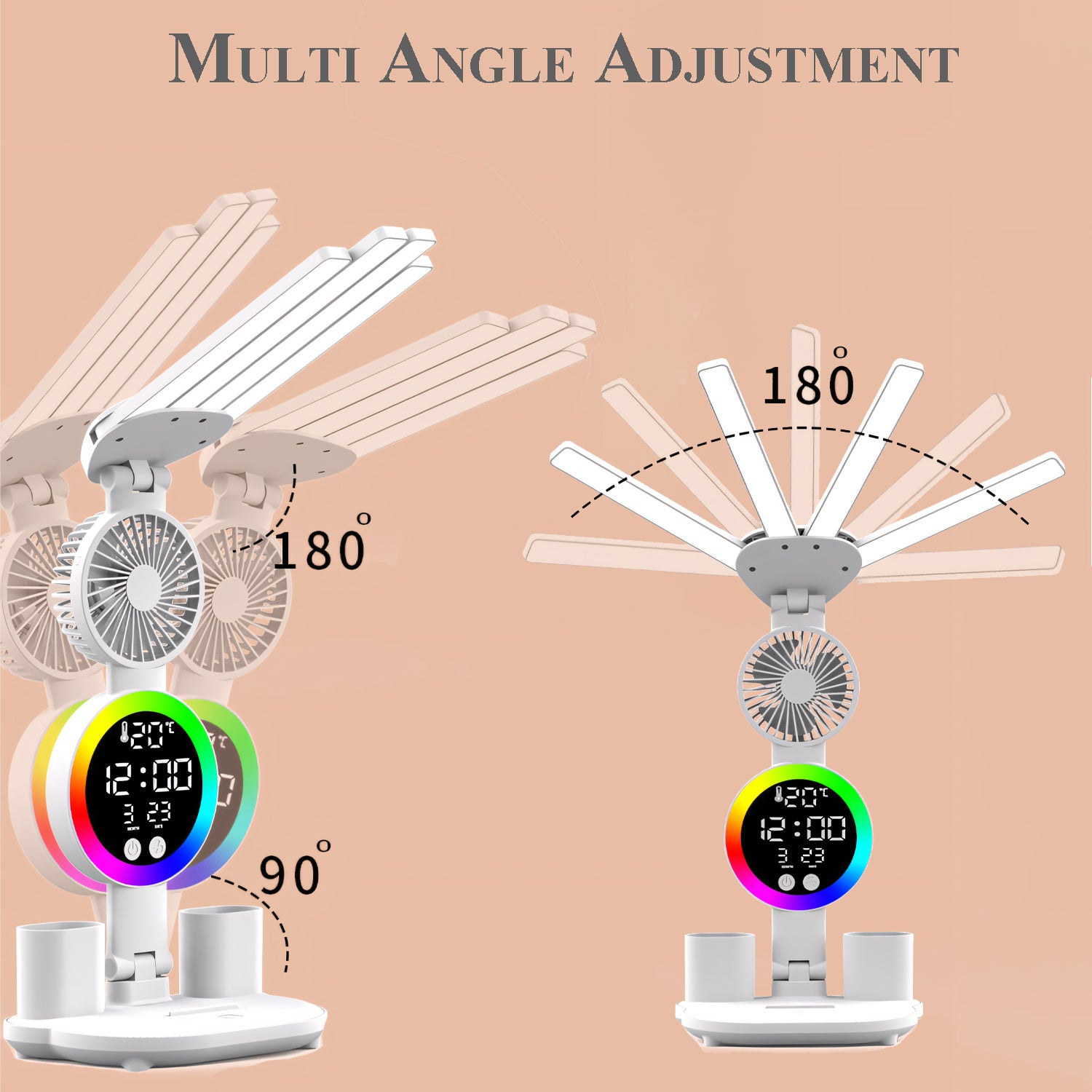 LED Desk Lamp for Study with LED Light, Built-in Fan, Time & Date Display, Temperature Display, Pen Holder Organizer, Touch Control, USB Powered (none rechargable) Multifunction Reading Lamp, Adjustable Brightness Eye-Care Table Lamp