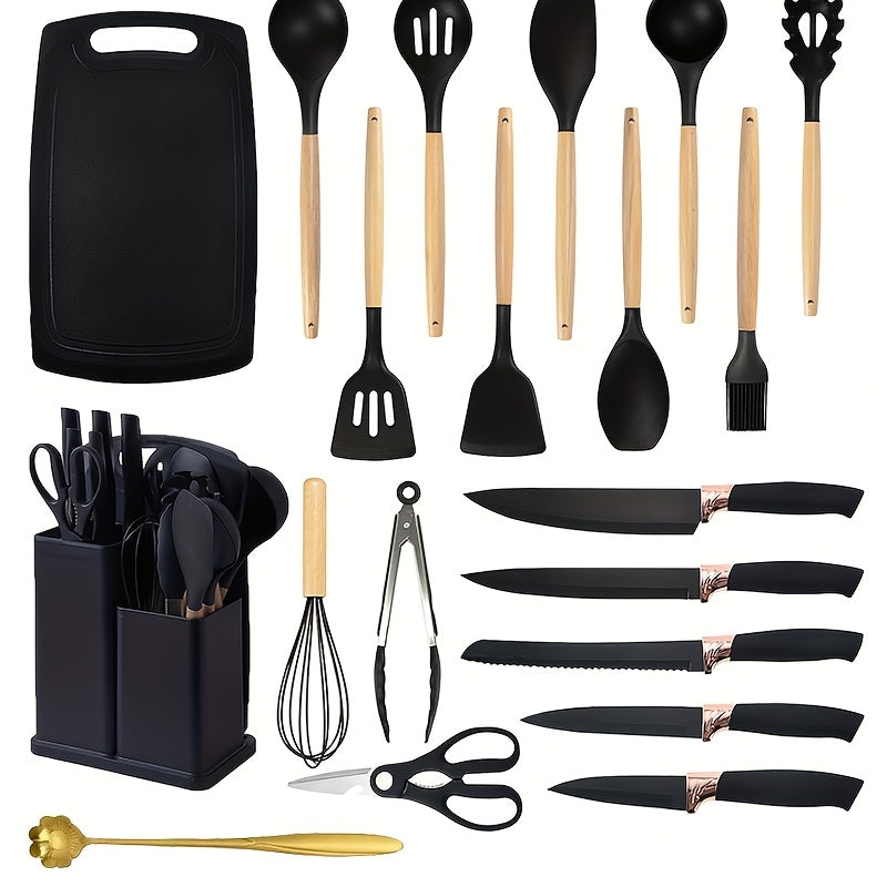 20pcs Kitchen Cooking Utensils and Knife Set with Knife Block, Including 11pcs Silicone Cooking Utensil Set, 5 Sharp Stainless Steel Chef Knives, Scissors, Whisk, Petal Spoon, and Cutting Board