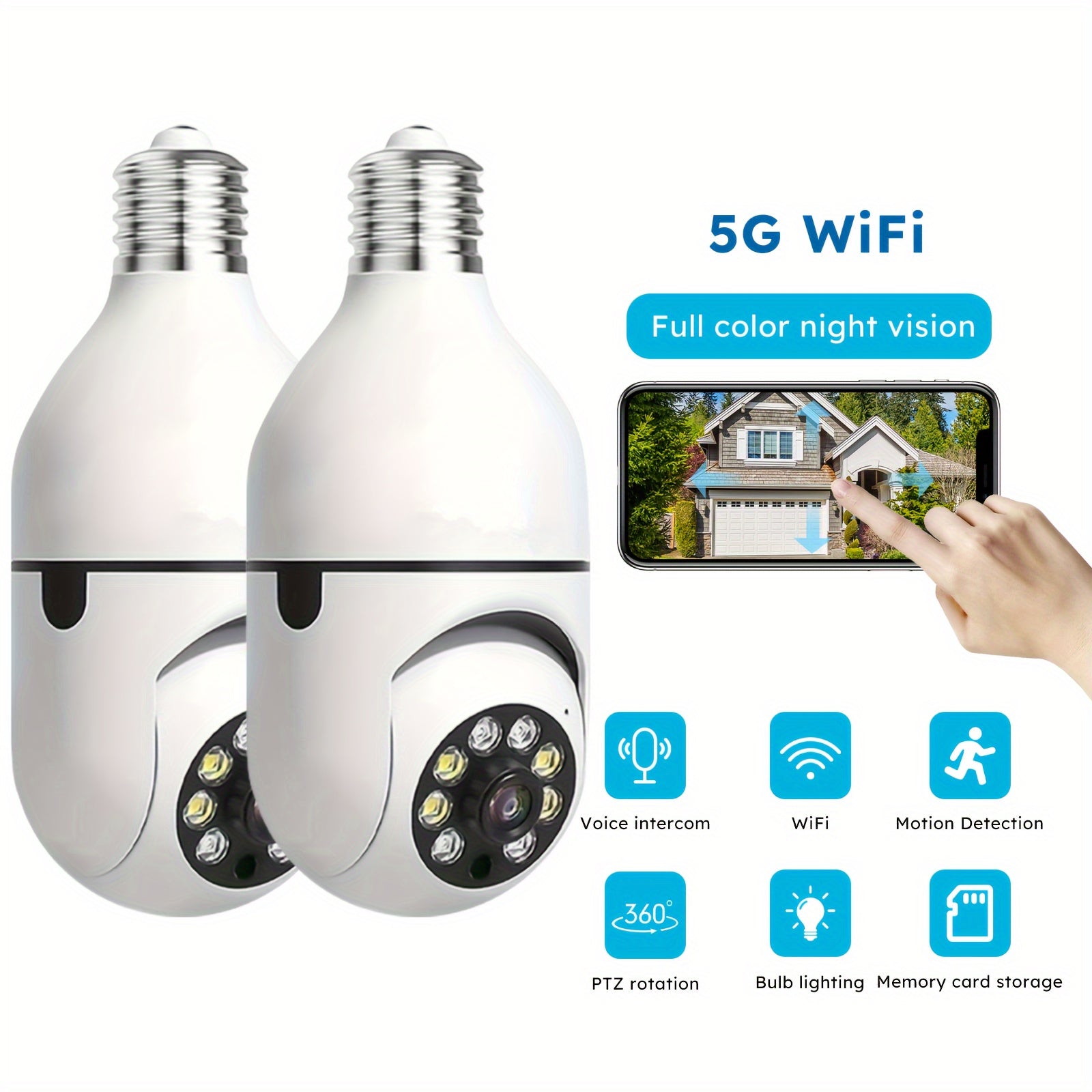 Light Bulb Security Camera 1296P 360° 2-Pack, E27 WiFi 5GHz Indoor Outdoor Surveillance Camera, Full Colour Night Vision, Motion Detection, APP Control – Wireless Home Security Cam for Canadian Homes