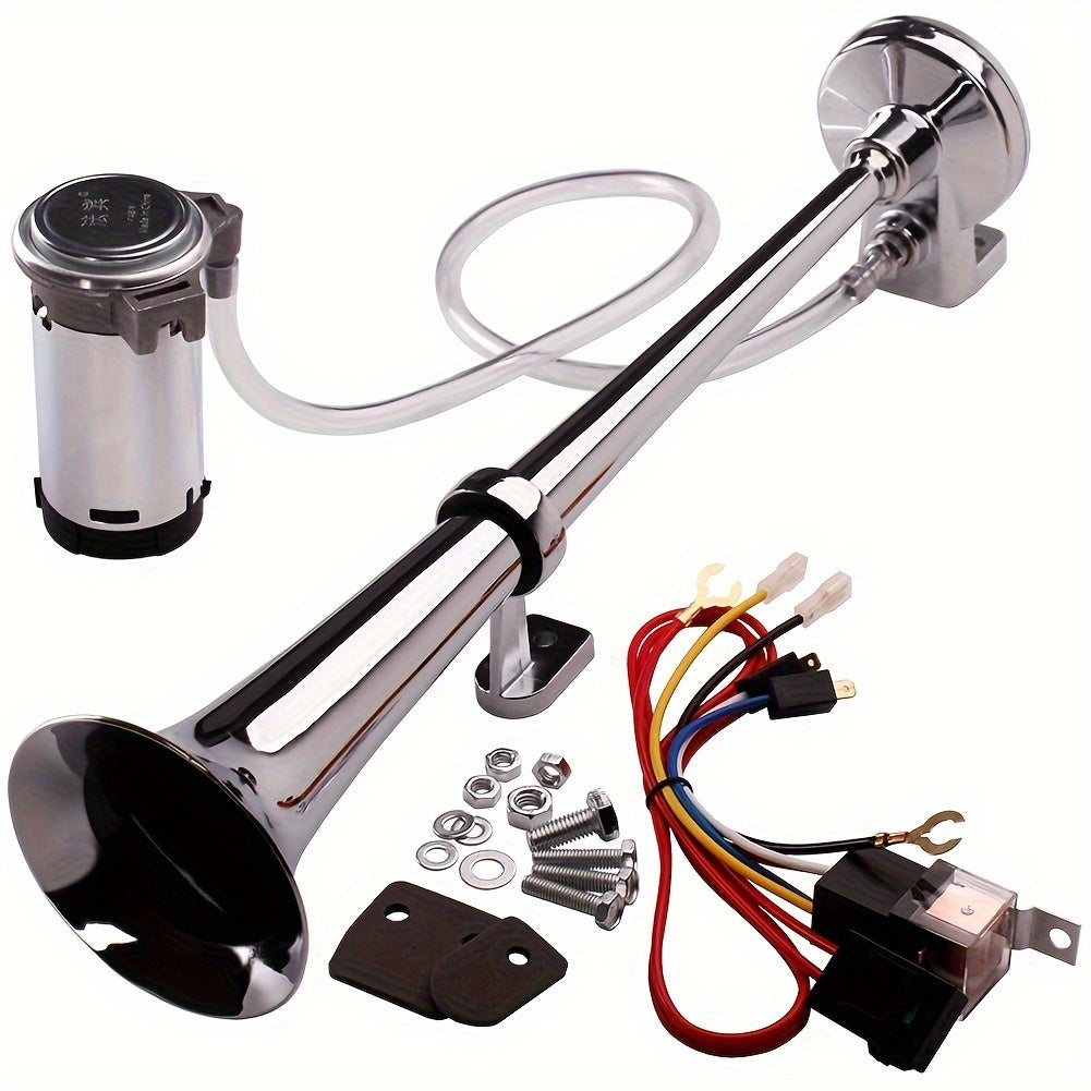 ALLREY 12V Air Horn Kit, Super Loud 18 Inches Single Trumpet Truck Horn, Train Horn With Compressor For Any 12V Vehicles Silver Black Button