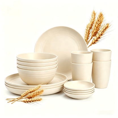 Wheat Straw Dinnerware Set 16 or 32 Piece Unbreakable Dish Set with Plates, Bowls & Cups - Dishwasher Microwave Safe Lightweight Tableware for Camping, Everyday Use & Gifts for Men