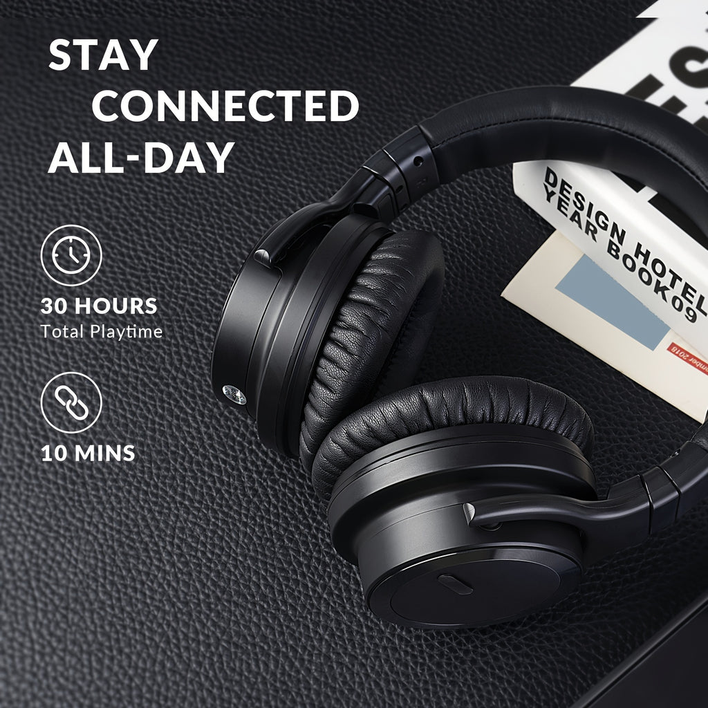Active Noise Cancelling Headphones Wireless Headphones with Rich Bass, Clear Calls, 30 Hours Playtime, Comfort Fit, Black
