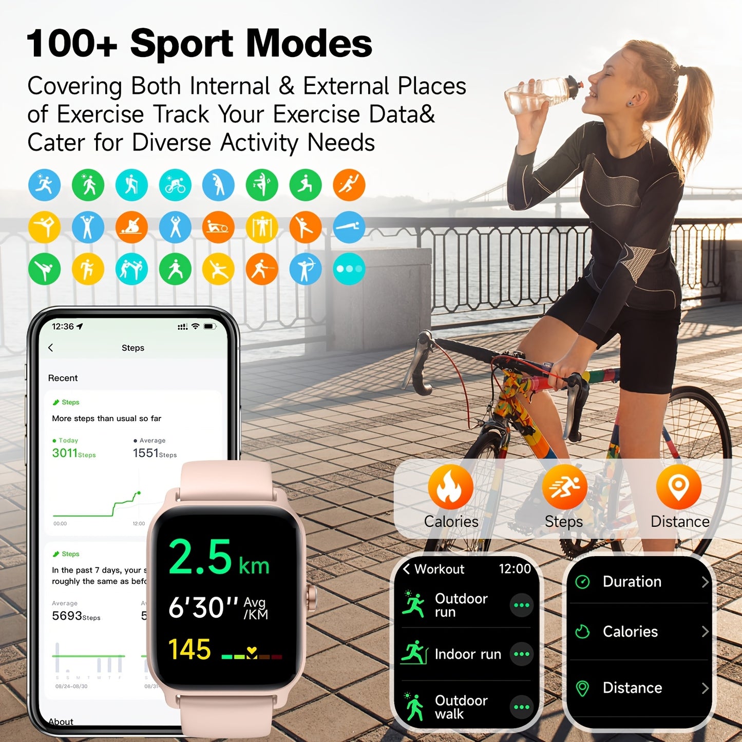 Smartwatch with Built-in Alexa, 1.8" HD Touch Screen, Answer & Make Calls, 100+ Sports Modes, Waterproof Fitness Tracker with Pedometer for iPhone & Android – Smart Watch for Women & Men