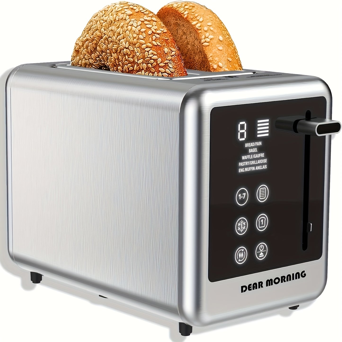 Digital Touchscreen Toaster 2 Slice Stainless Steel – 5 Bread Settings, 6 Browning Levels, Bagel, Defrost & Cancel Functions, 1.5-Inch Wide Slots, Smart Memory Feature for Home Kitchen