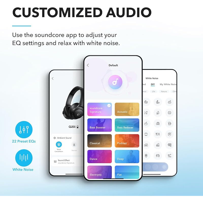 soundcore by Anker Q20i Hybrid Active Noise Cancelling Headphones, Wireless Over-Ear Bluetooth, 40H Long ANC Playtime, Hi-Res Audio, Big Bass, Customize via an App, Transparency Mode, Ideal for Travel (Renewed)