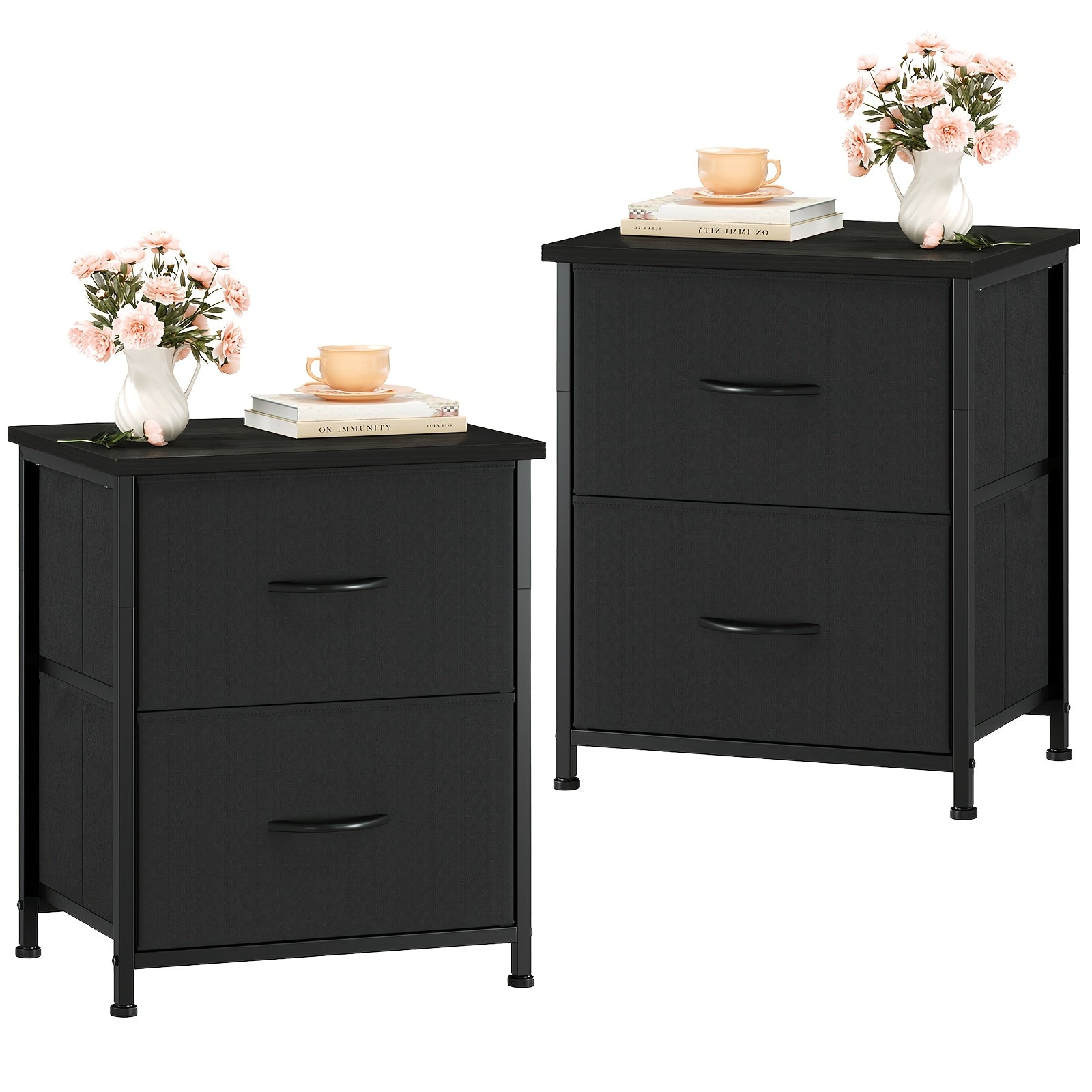 EUNOS 2-Drawer Nightstand with Removable Fabric Bins – Sturdy Steel Frame, Wood Top Bedside Table | Small Dresser for Bedroom, Closet & Living Room | 3 Finishes, 1pc & 2pc Options | ShopVora CA