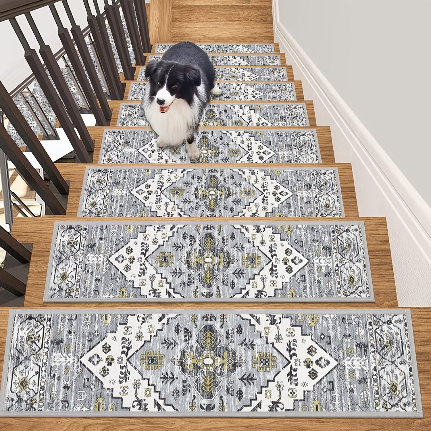 Non-Slip Carpet Stair Treads 15-Pack — 8"x30" Self-Adhesive Stair Runner Pads for Wooden Steps, Reusable Indoor Outdoor Staircase Step Rugs