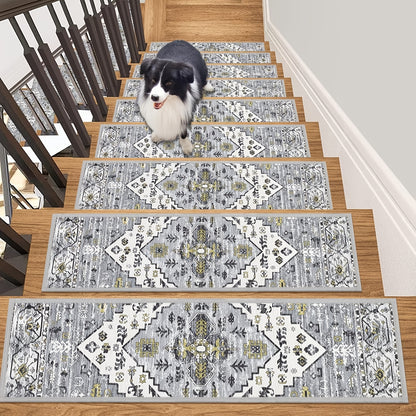 Non-Slip Carpet Stair Treads 15-Pack — 8"x30" Self-Adhesive Stair Runner Pads for Wooden Steps, Reusable Indoor Outdoor Staircase Step Rugs