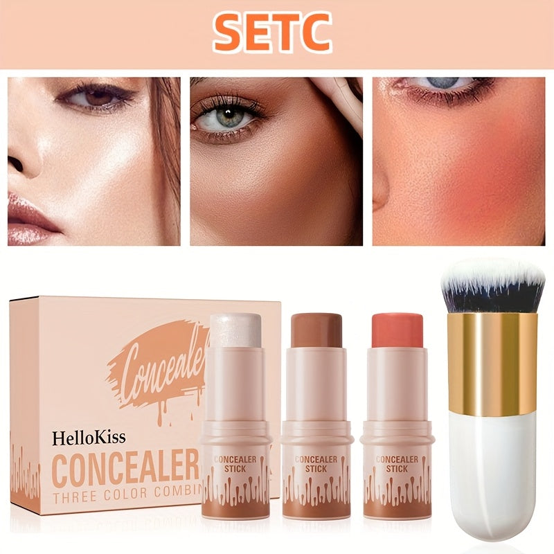 Cream Contour Kit 3pcs - Hellokiss Waterproof Blush Highlighter Bronzer Sticks with Brush, Non-Greasy Plant-Based Squalane Formula, Long-Lasting Flawless Finish for All Skin Types