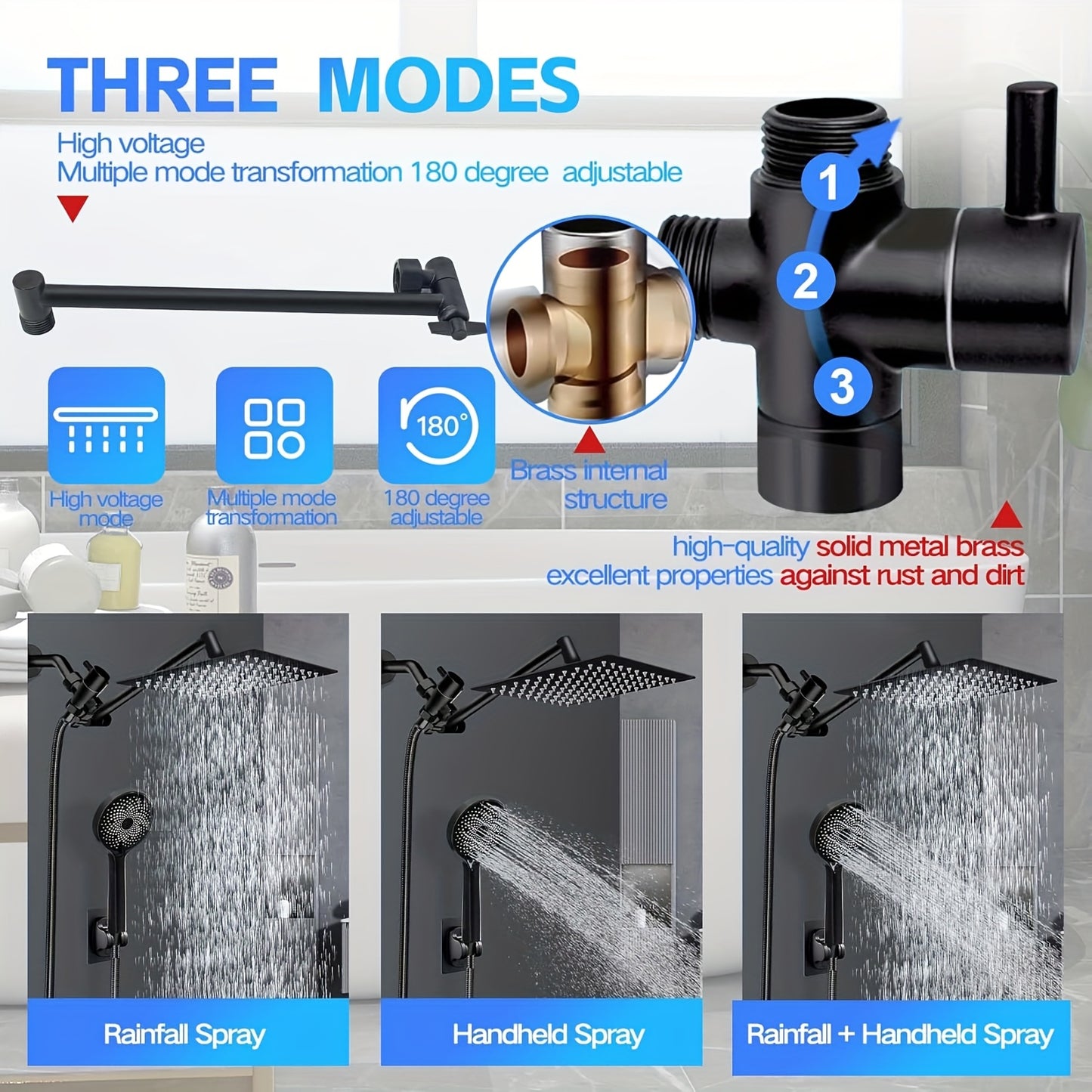 Rainfall Shower Head Combo High Pressure – 11'' Extension Arm, 9 Spray Settings, 180° Adjustable, Anti-Leak Silicone Nozzles, Stainless Steel Hose | Handheld Shower Set in Chrome & Matte Black