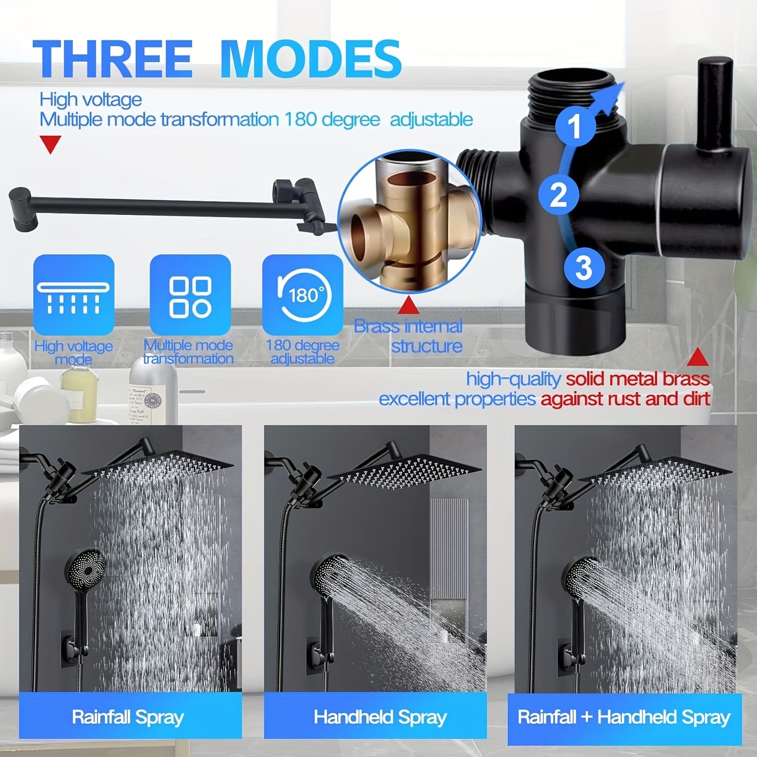 Shower Head, High Pressure Rainfall/Handheld Shower Combo with 11'' Extension Arm, 9 Settings, Anti-Leak Shower Head with Holder, Height/Angle Adjustable, Chrome, Matte Black