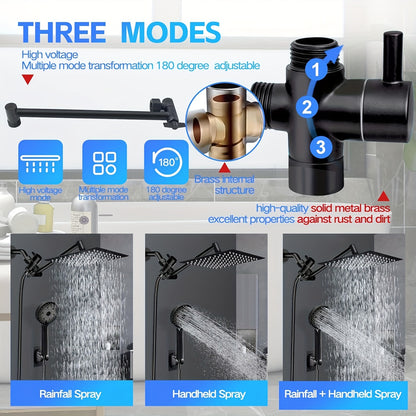 Rainfall Shower Head Combo High Pressure – 11'' Extension Arm, 9 Spray Settings, 180° Adjustable, Anti-Leak Silicone Nozzles, Stainless Steel Hose | Handheld Shower Set in Chrome & Matte Black
