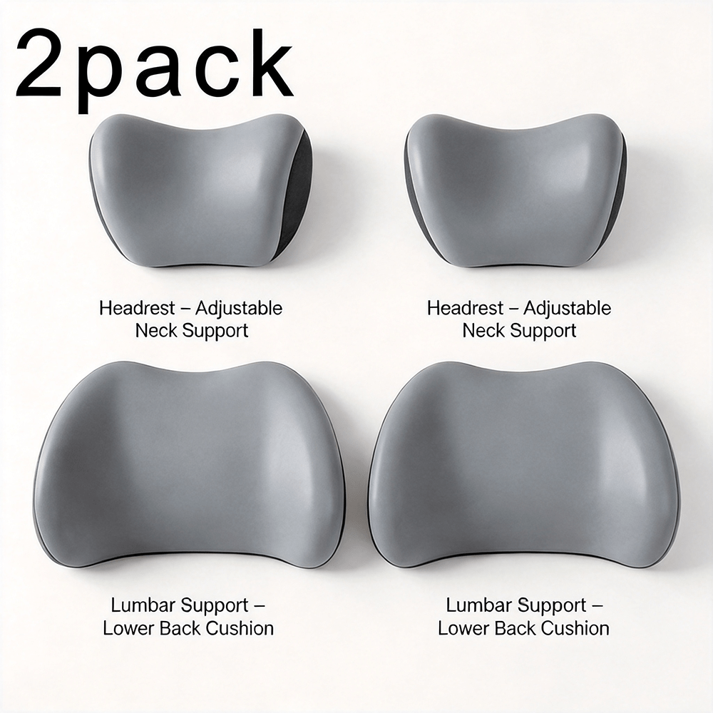 Car Headrest & Lumbar Support Cushion Set – Ergonomic Foam, Breathable Mesh | Black, Grey, Pink, Blue, Brown