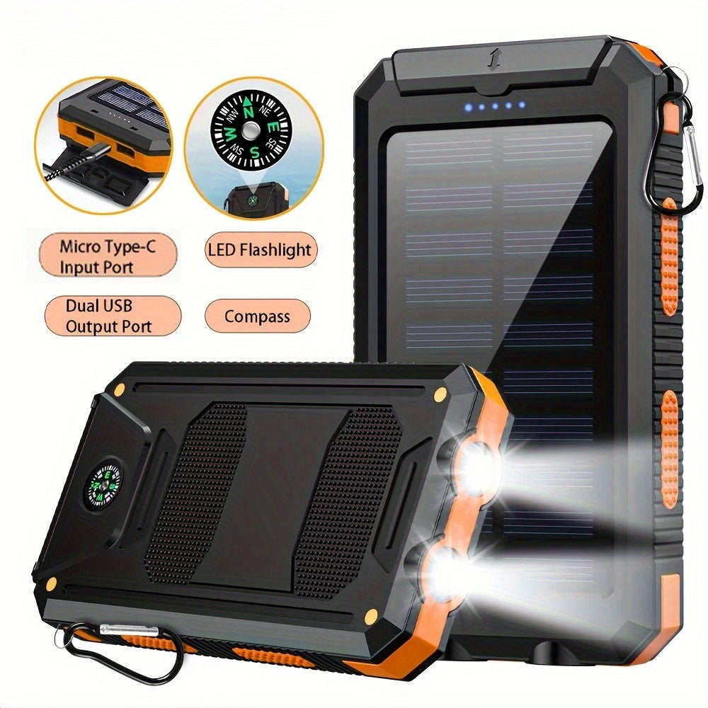 20000mAh Portable Solar Power Bank, Portable Solar Mobile Phone Charger, Camping External Battery Charger for Mobile Phones, 2 USB/ LED Flashlights with Compass for Outdoor Activities
