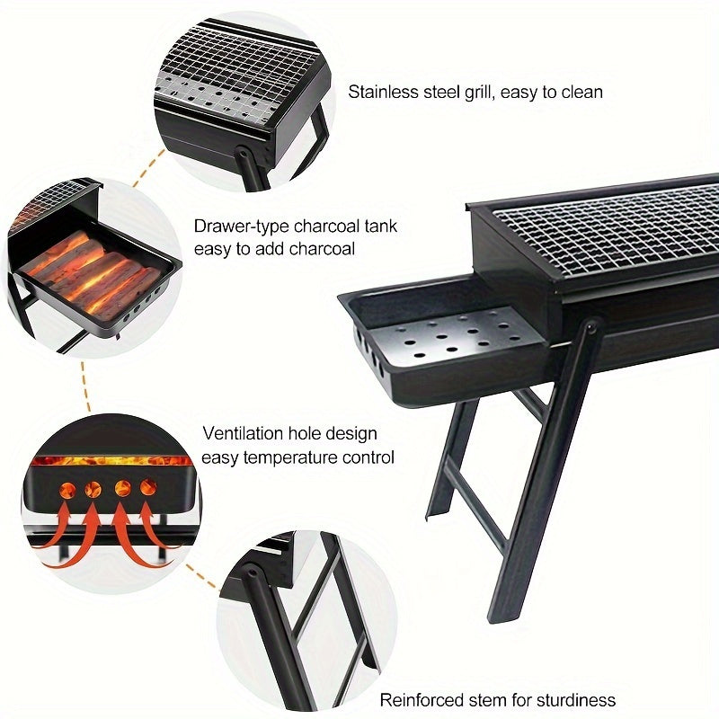 Heavy-Duty Portable Stainless Steel Charcoal Grill with Foldable Legs - Compact BBQ Stove for Camping, Picnic, Backyard | Ideal for Adults, Fast-Ignition Campfire Grill with Carrying Case, Polished Finish, Outdoor Cooking Grill|Foldable Legs Design|Durabl
