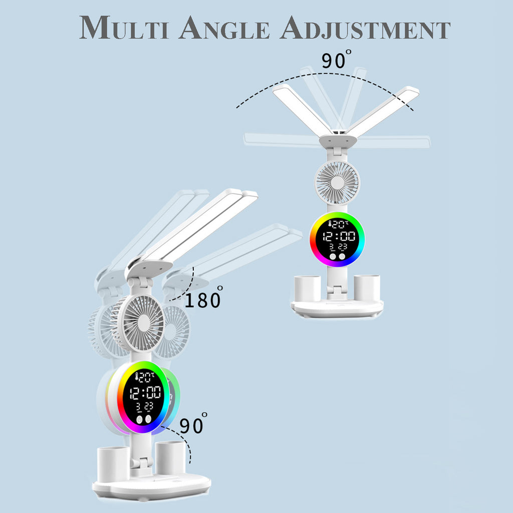 LED Desk Lamp for Study with LED Light, Built-in Fan, Time & Date Display, Temperature Display, Pen Holder Organizer, Touch Control, USB Powered (none rechargable) Multifunction Reading Lamp, Adjustable Brightness Eye-Care Table Lamp