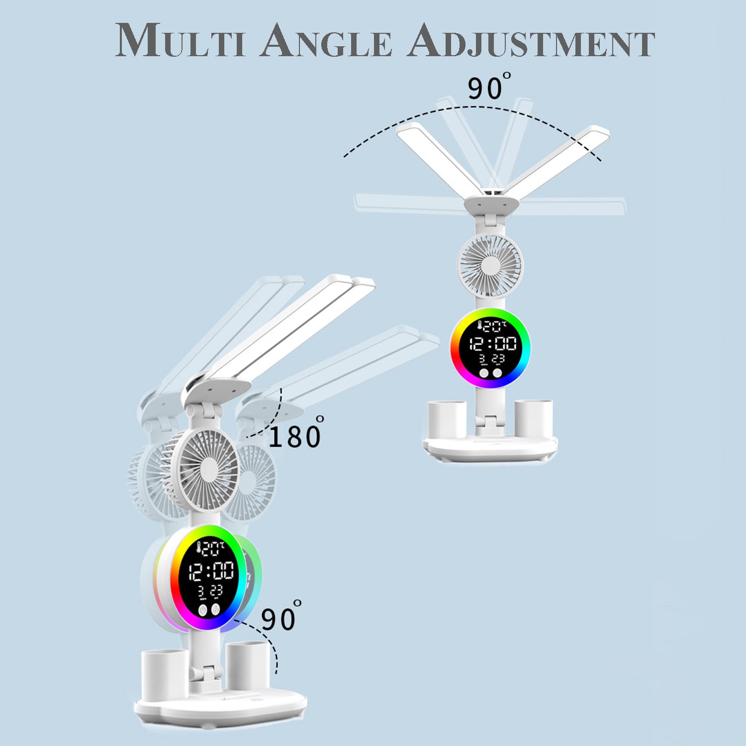LED Desk Lamp for Study with LED Light, Built-in Fan, Time & Date Display, Temperature Display, Pen Holder Organizer, Touch Control, USB Powered (none rechargable) Multifunction Reading Lamp, Adjustable Brightness Eye-Care Table Lamp
