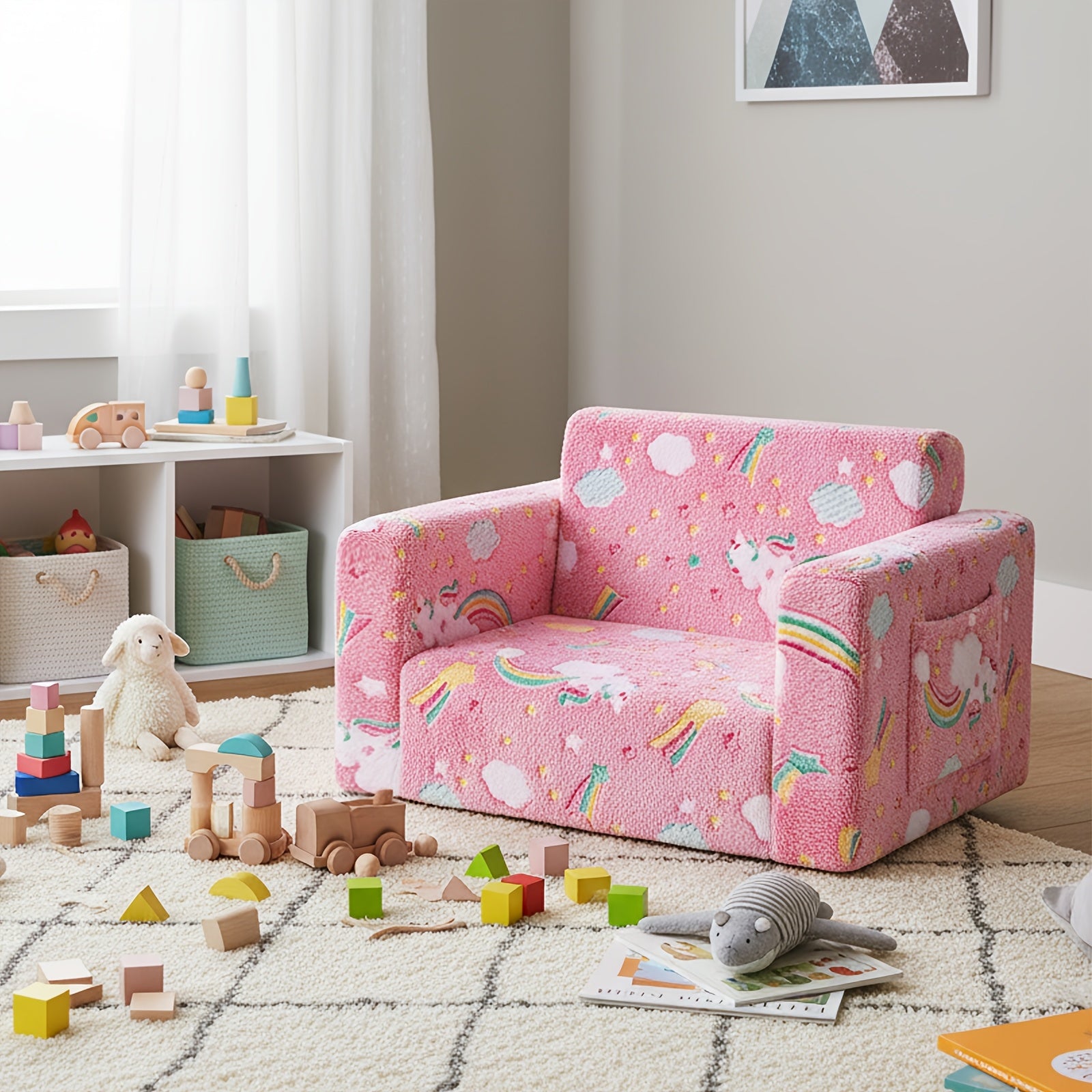 Kids Sofa Bed Chair Foldable Plush Lounger 2-in-1 Convertible Toddler Couch with Armrest Machine Washable Stackable Multipurpose Furniture for Bedroom Playroom Living Room Nursery Canada
