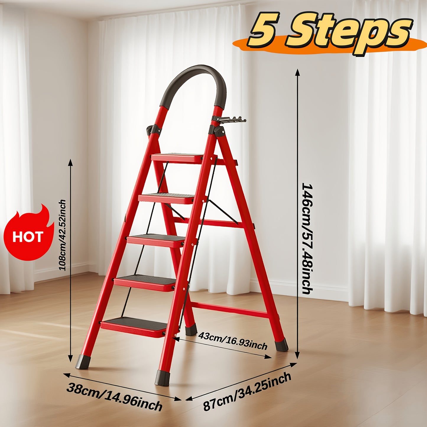 Heavy-Duty Foldable Step Ladder 3/4/5 Steps 450 lbs – Reinforced Steel with Tool Rack, Slip-Resistant Steps & Handrails, Portable for Home & Workplace, Black & Red Canada
