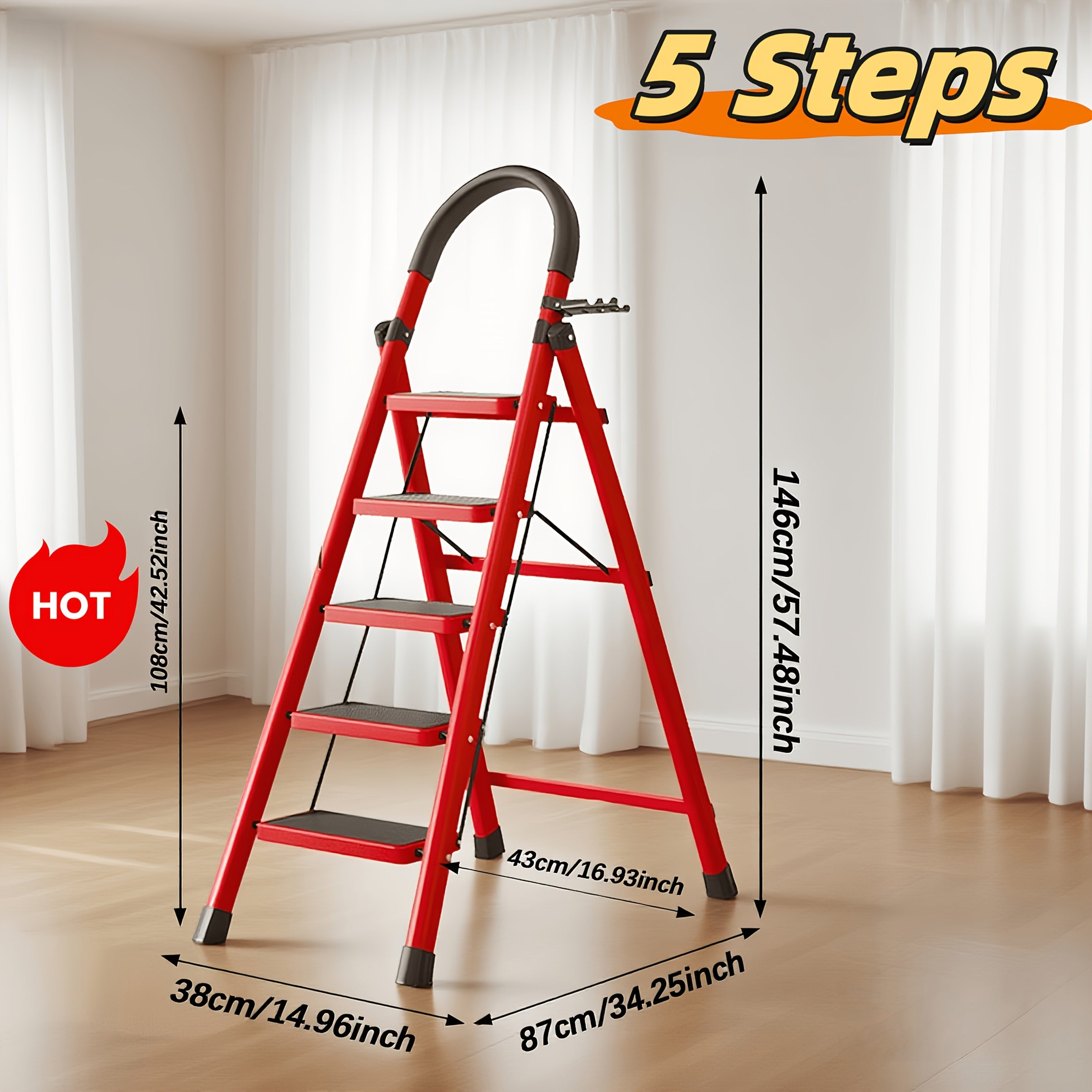 Heavy-Duty Foldable Step Ladder 3/4/5 Steps 450 lbs – Reinforced Steel with Tool Rack, Slip-Resistant Steps & Handrails, Portable for Home & Workplace, Black & Red Canada