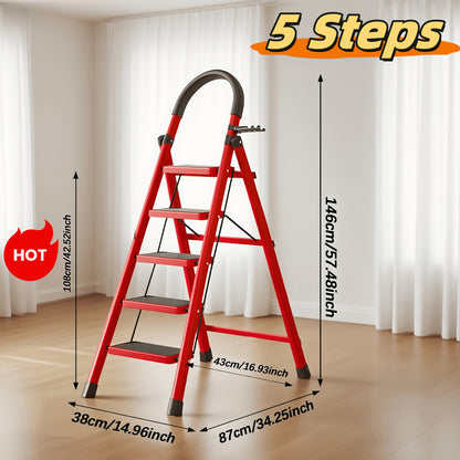 Heavy-Duty Foldable Step Ladder 3/4/5 Steps 450 lbs – Reinforced Steel with Tool Rack, Slip-Resistant Steps & Handrails, Portable for Home & Workplace, Black & Red Canada