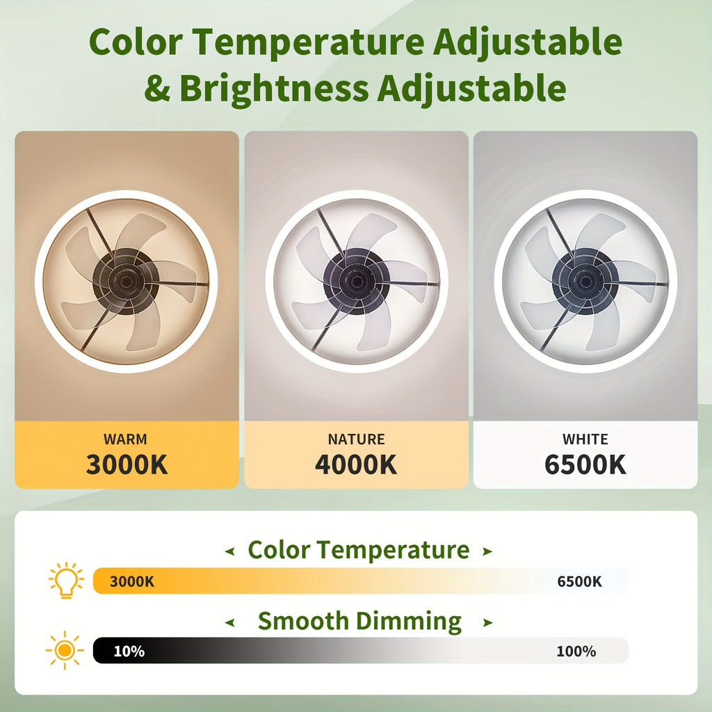 Compact Ceiling Fans Featuring Lights And Remote Control, 19.7-Inch Flush Mount Fandelier Ceiling Fan, Smart Bladeless LED Light with Adjustable Color Temperature from 3000K to 6500K, Modern Black Ceiling Fans with Lighting Suitable for Bedrooms