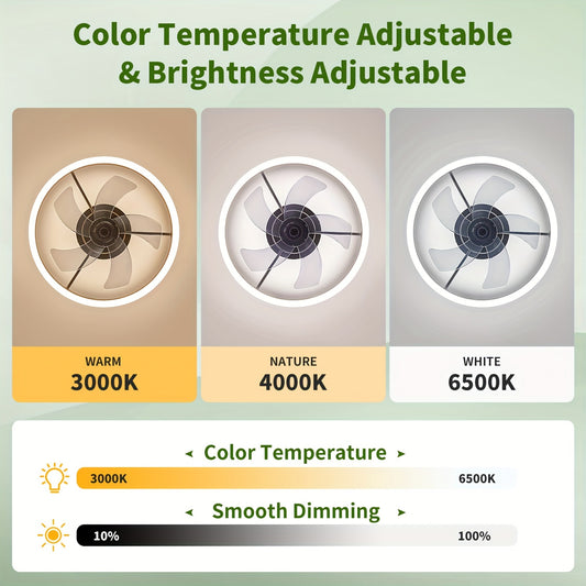 Compact Ceiling Fans Featuring Lights And Remote Control, 19.7-Inch Flush Mount Fandelier Ceiling Fan, Smart Bladeless LED Light with Adjustable Color Temperature from 3000K to 6500K, Modern Black Ceiling Fans with Lighting Suitable for Bedrooms