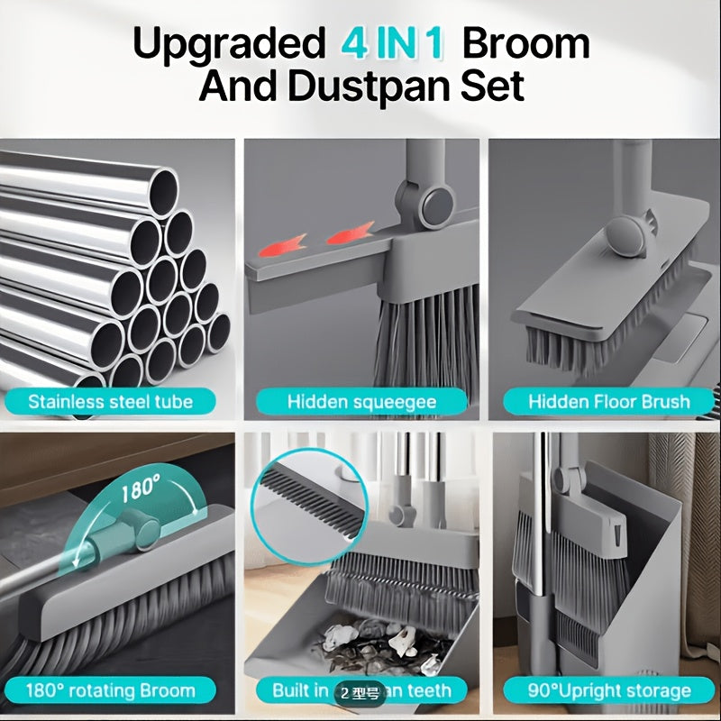 Broom and Dustpan set,4 In1 Broom Floor Brush And Dustpan, Thickened Sweeping Broom, Scrub Brush And Dustpan With Long Handle, Non-stick Hair Floor Cleaning Tool, For Home Office School Dorm, Cleaning Supplies, Household Cleaning Gadgets