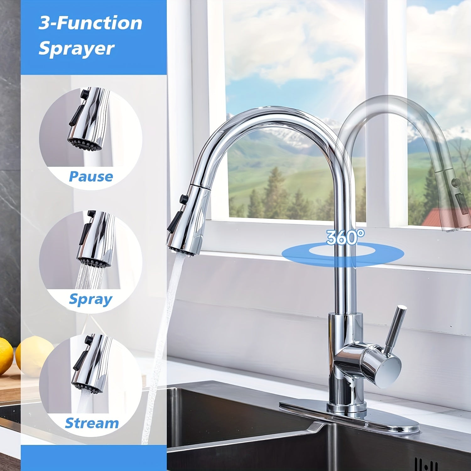 Single Handle High Arc Brushed Nickel/Chrome Pull Out Kitchen Faucet, Stainless Steel Kitchen Sink Faucet with Pull Down Sprinkler Kitchen Faucet for Farmhouse Camper Laundry Rv Bar
