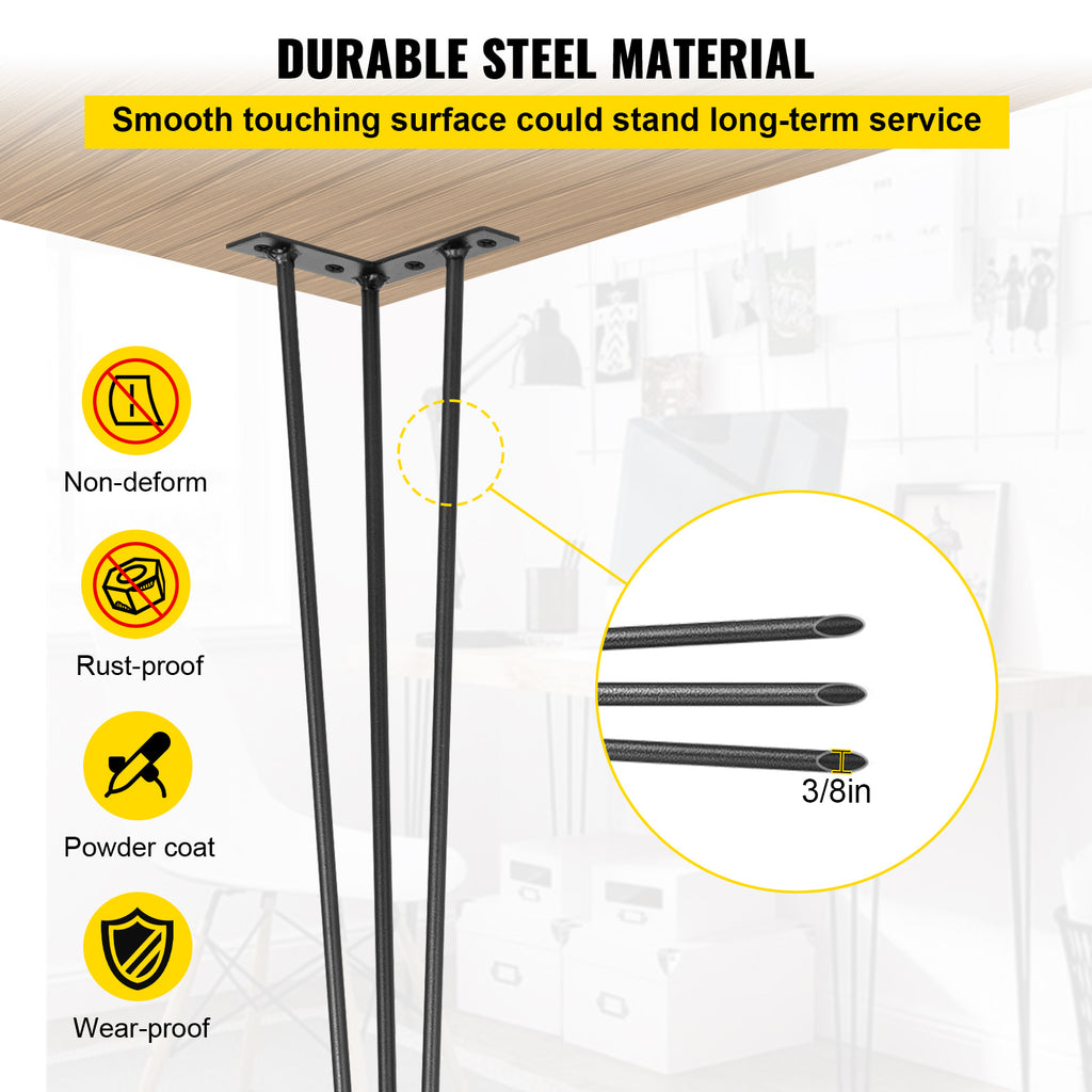 VEVOR Table Legs 16-40 inch Black Set of 4 Desk Legs Each 220lbs Capacity Hairpin Desk Legs 3 Rods for Bench Desk Dining End Table Chairs Carbon Steel DIY Table Legs Heavy Duty Furniture Legs