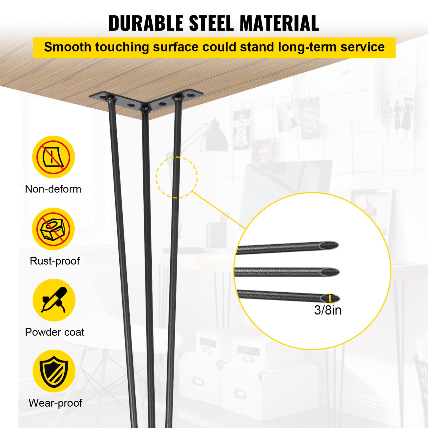 Hairpin Table Legs Set of 4 – Carbon Steel 3-Rod Design, 220 lbs Each, 16–40 Inch – Heavy Duty DIY Furniture Legs for Desk, Bench, Dining Table & Chairs – Black Powder Coat