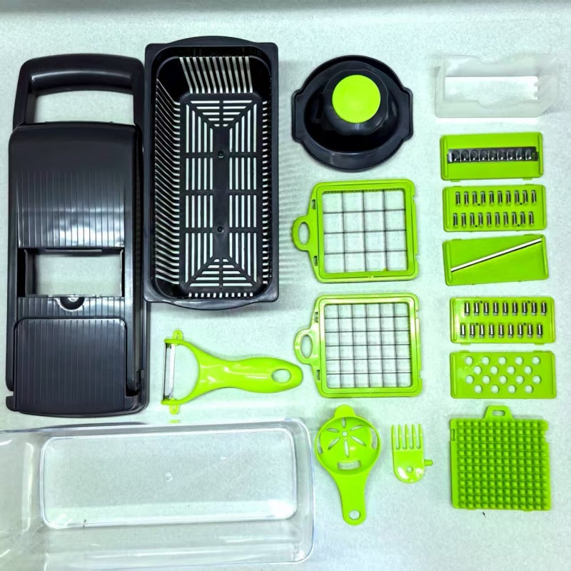 Manual Food Processor 16-in-1 – Vegetable Chopper Slicer Dicer with Grater, Shredder, Strip Cutter & Drain Basket, One-Button Operation, Perfect for Onions, Carrots, Potatoes & Meal Prep