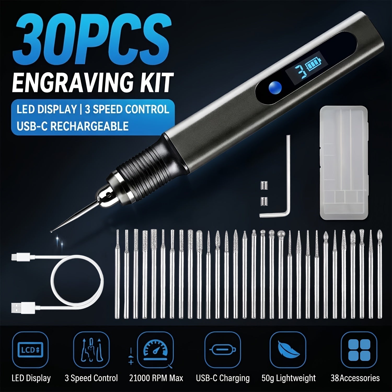 Electric Engraving Pen with 30 Drill Bits, USB Rechargeable Engraving Pen, Professional Mini Engraving Machine Portable Tool The Perfect Gift for Mother'S Day