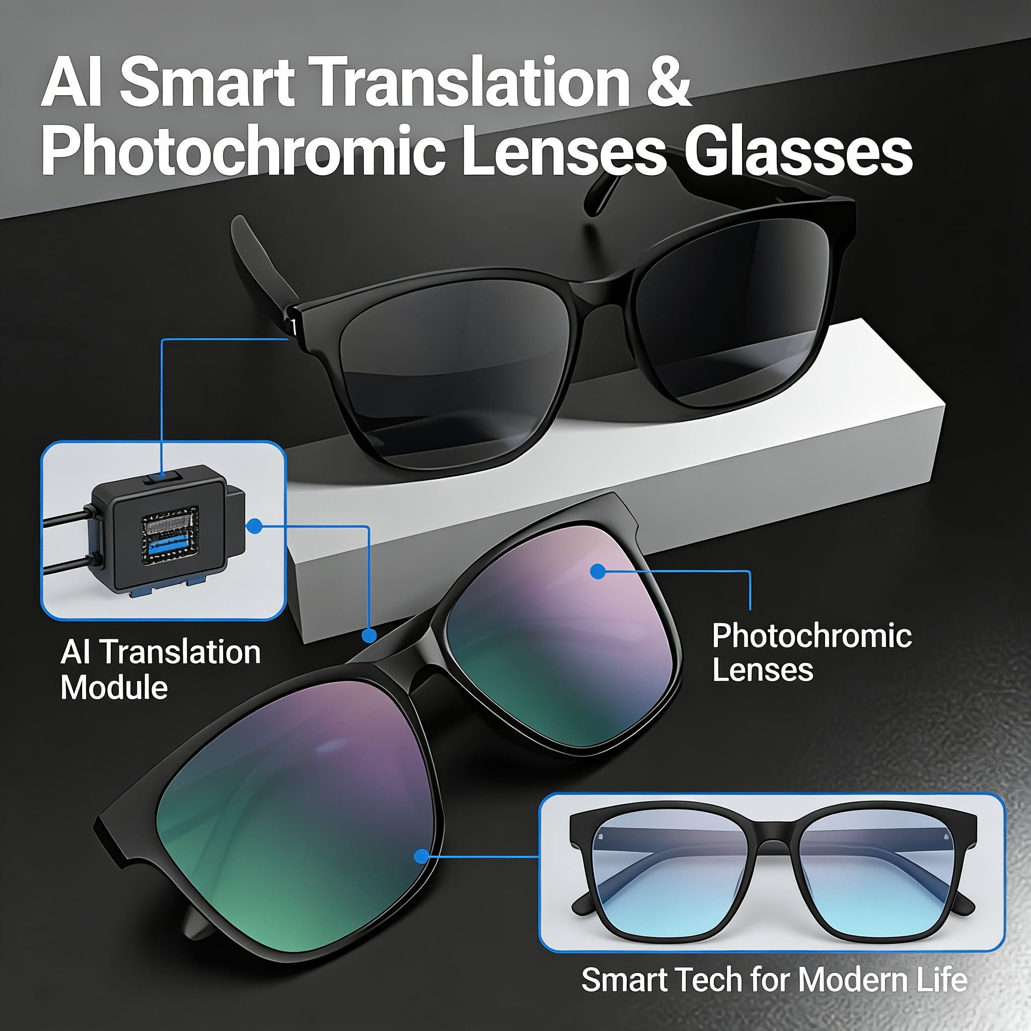 Smart Glasses, AI Smart Translation Glasses, Support 140+ Languages Real-time Translation(New Upgrade: Premium Translation Functions Usable No Subscription Needed).Fit For Office, Travel & Daily Wear.Adopt Photochromic Lenses, Auto Turn Gray