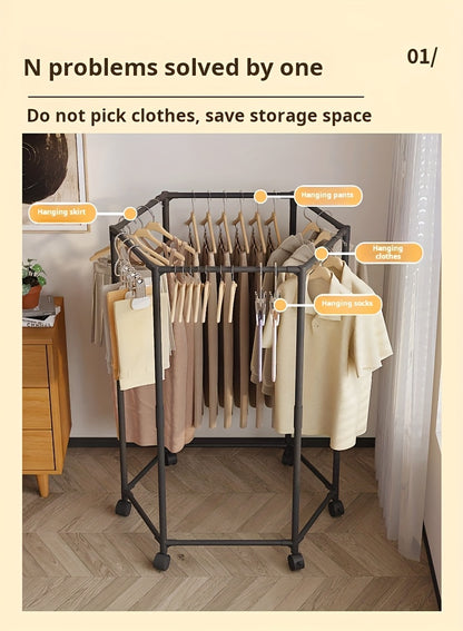 Rotatable Clothing Rack with Wheels – Sturdy 16mm Metal Hexagonal Freestanding Garment Hanger, Portable Vertical Clothes Storage for Bedroom, Laundry Room & Closet, Black or White