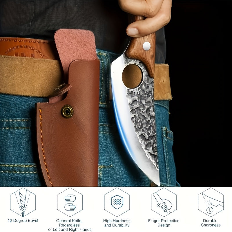 Hand-forged Chef's Knife with Hammered Pattern, Full-tang Curved Handle, Includes Leather Sheath And Gift Box; Ideal for Meat, Fish, Vegetables, Professional Outdoor Use, Stylish, Sturdy Riveted Handle