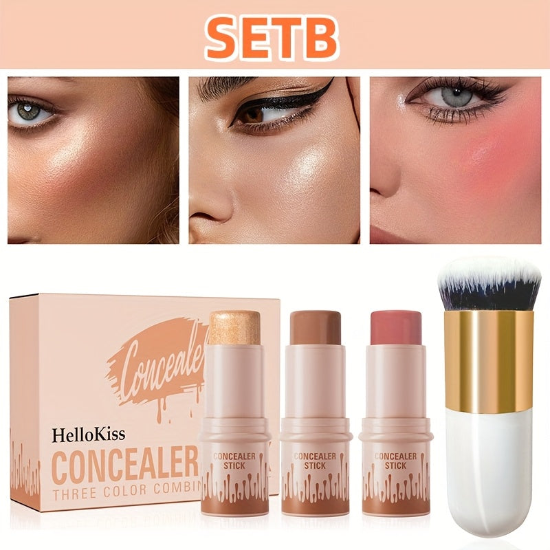 Cream Contour Kit 3pcs - Hellokiss Waterproof Blush Highlighter Bronzer Sticks with Brush, Non-Greasy Plant-Based Squalane Formula, Long-Lasting Flawless Finish for All Skin Types