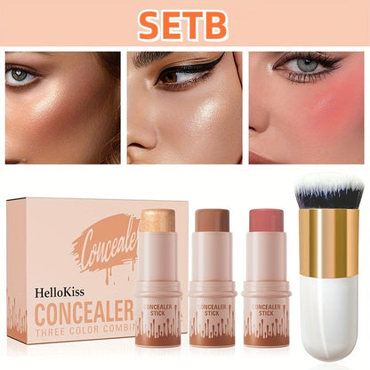 Cream Contour Kit 3pcs - Hellokiss Waterproof Blush Highlighter Bronzer Sticks with Brush, Non-Greasy Plant-Based Squalane Formula, Long-Lasting Flawless Finish for All Skin Types