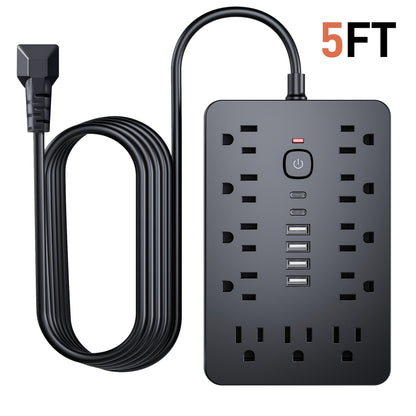Flat Plug Power Strip Surge Protector 17-in-1 with 11 AC Outlets 4 USB & 2 Type-C Ports – Space-Saving Compact Outlet Expander, 5ft or 10ft Extension Cord for Home Office Kitchen Desk
