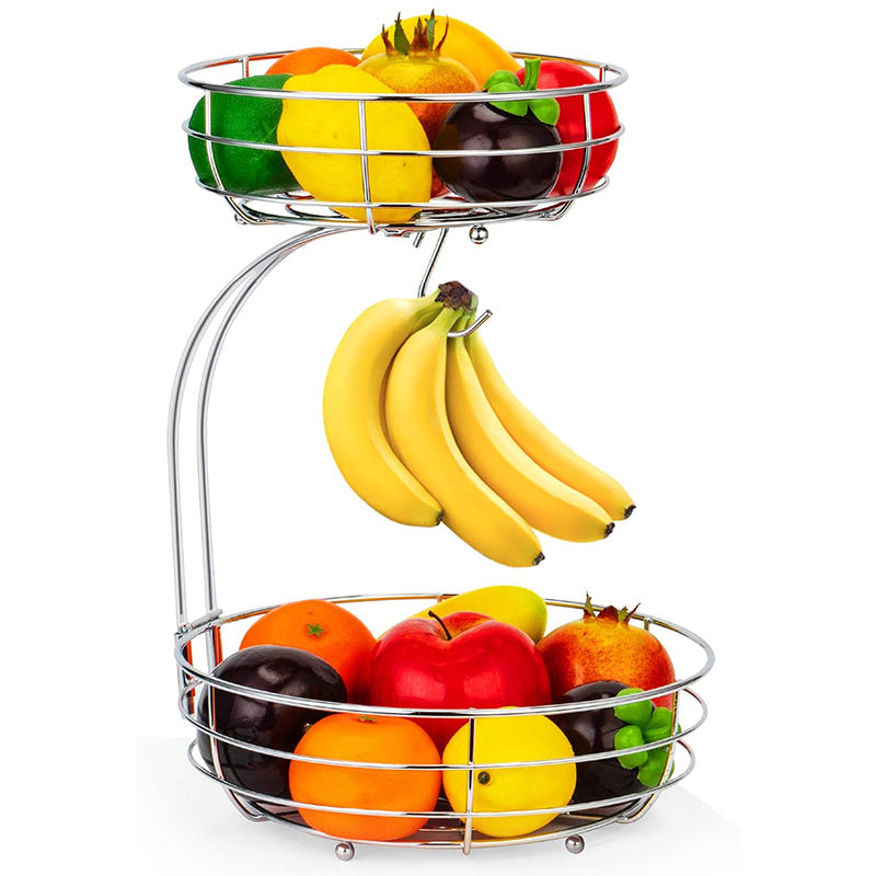 Tiered Fruit Basket Bowl with Banana Hanger – Countertop Fruit & Vegetable Storage, Chrome Wire Organizer, 3-Raised Feet, Classic Ironwork Kitchen Decor | ShopVora CA