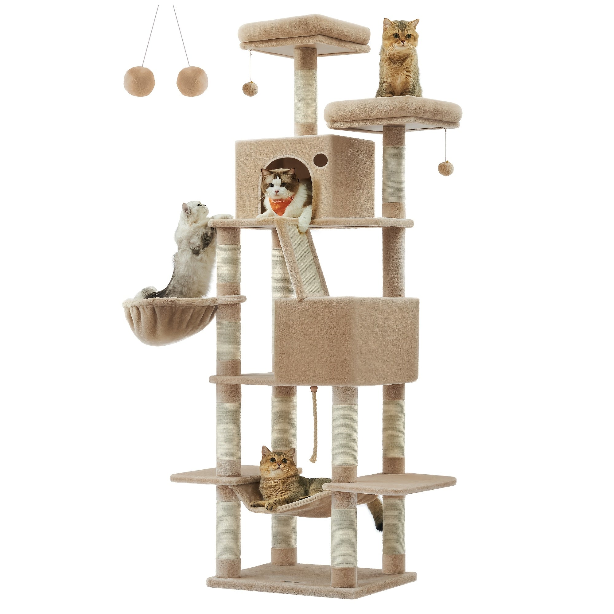 Cat Tree 81.1" 5-Level Plush Cat Condo – 13 Scratching Posts, 3 Caves, Hammock, Basket & Pompoms for Multi-Cat Indoor Households