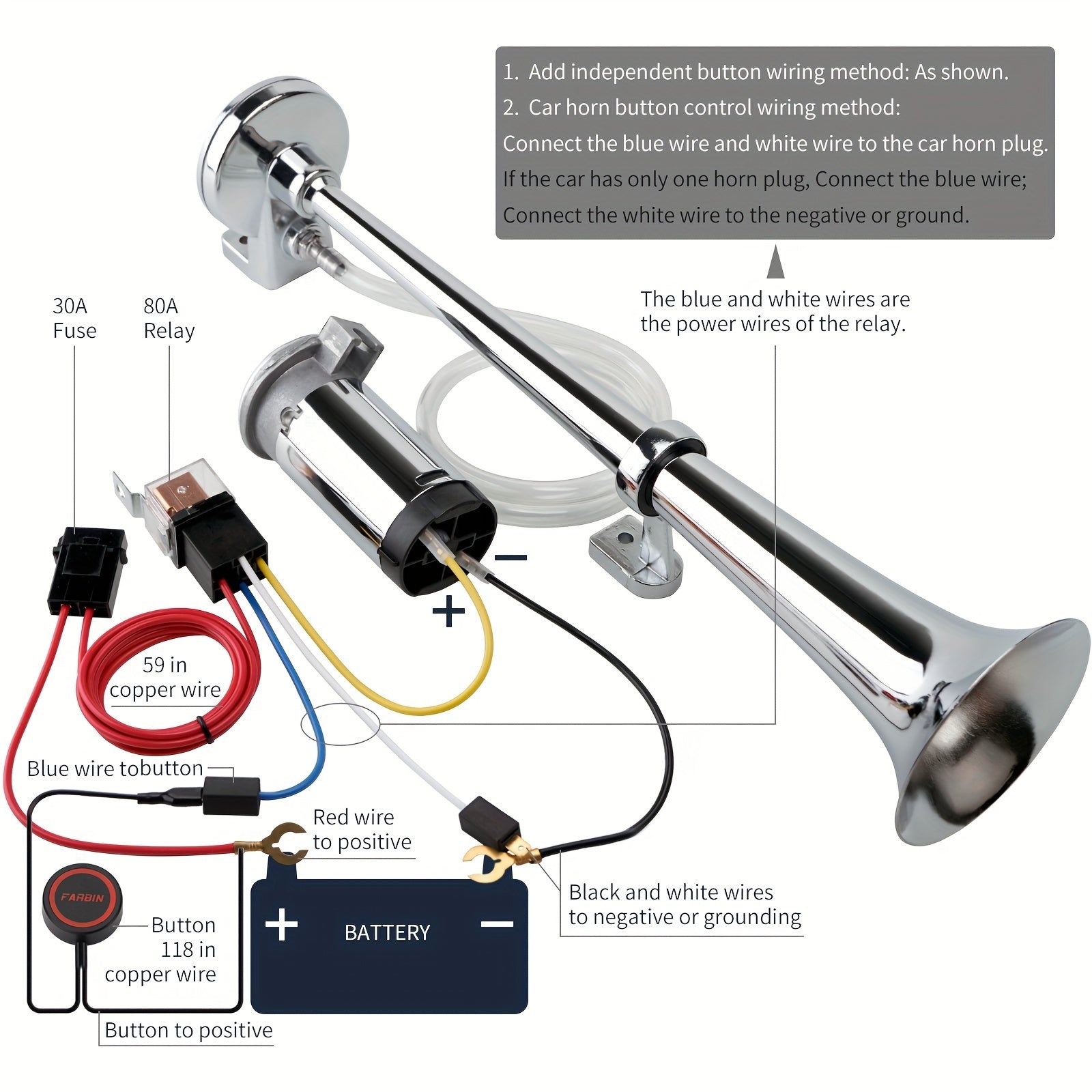 ALLREY 12V Air Horn Kit, Super Loud 18 Inches Single Trumpet Truck Horn, Train Horn With Compressor For Any 12V Vehicles Silver Black Button