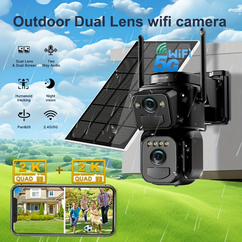 Solar Security Camera Outdoor 360° PTZ – 8X Zoom, 9000mAh 365-Day Standby, Dual HD Lens, Auto Human Tracking, Night Vision, 2-Way Audio, 2.4G/5G WiFi, Type-C (QW8 Series, WiFi/Solar Panel)