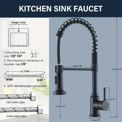 Kitchen Faucet with Pull-Down Sprayer – Single Handle Single Hole High Arc Spring, 360° Swivel Splash-Proof Nozzle, Commercial Monobloc Sink Mixer Tap, Matte Black & Brushed Nickel, Canada
