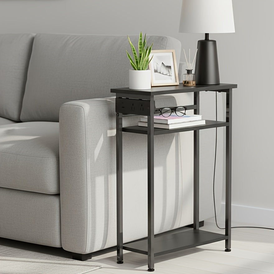 MANAGEABLE 1pc/2pcs Narrow Side Table with Charging Station, Small End Tables for Small Space, 3 Tier Slim Night Stand, Skinny Sofa Beside Table with Storage Shelf
