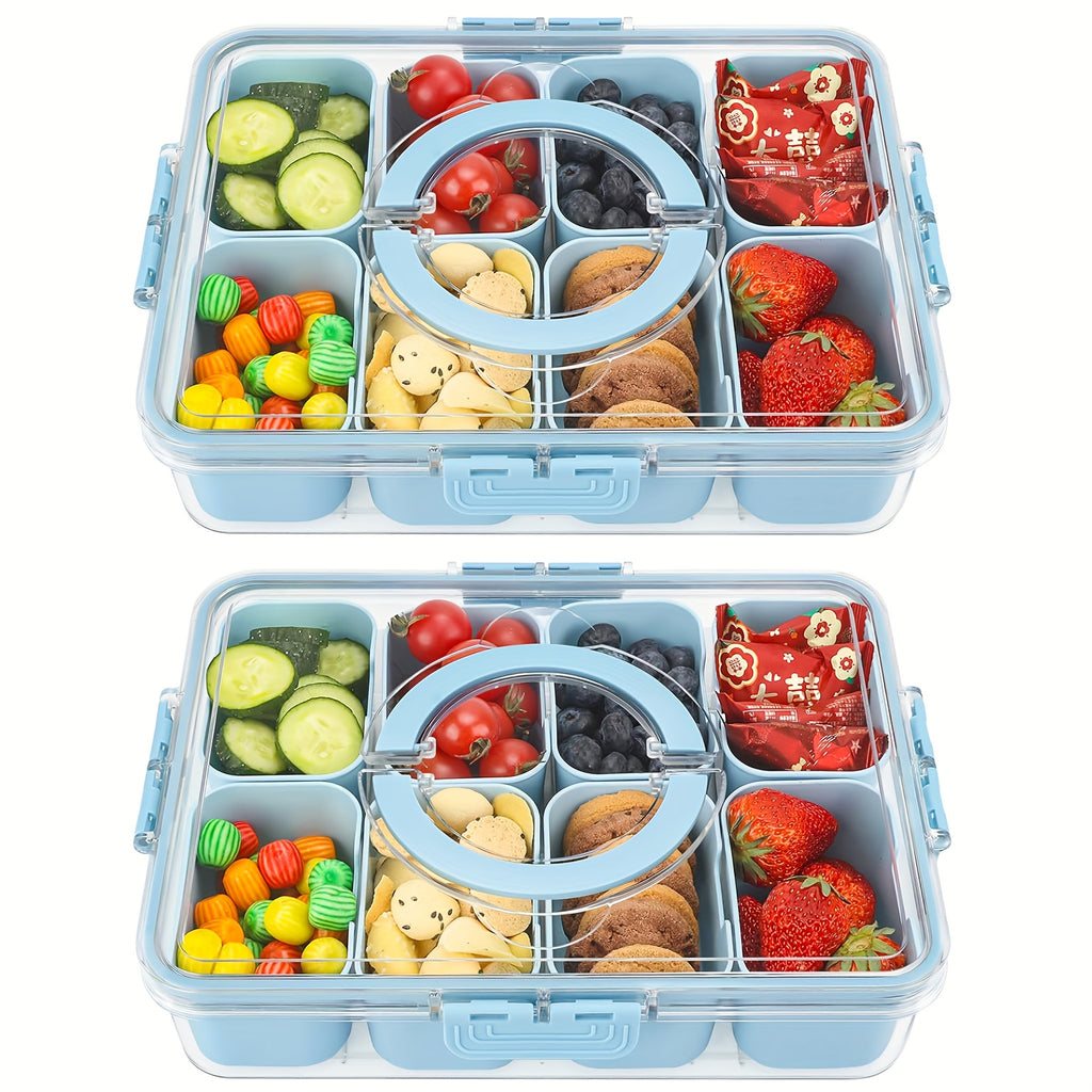 1/2 Pack 8-Compartment Snackle Box with Lid & Handle, Clear Divided Serving Tray and Portable Snack Container for Fruit, Veggies, Cheese,, & Charcuterie, Ideal for Travel, Picnic, Camping & Parties