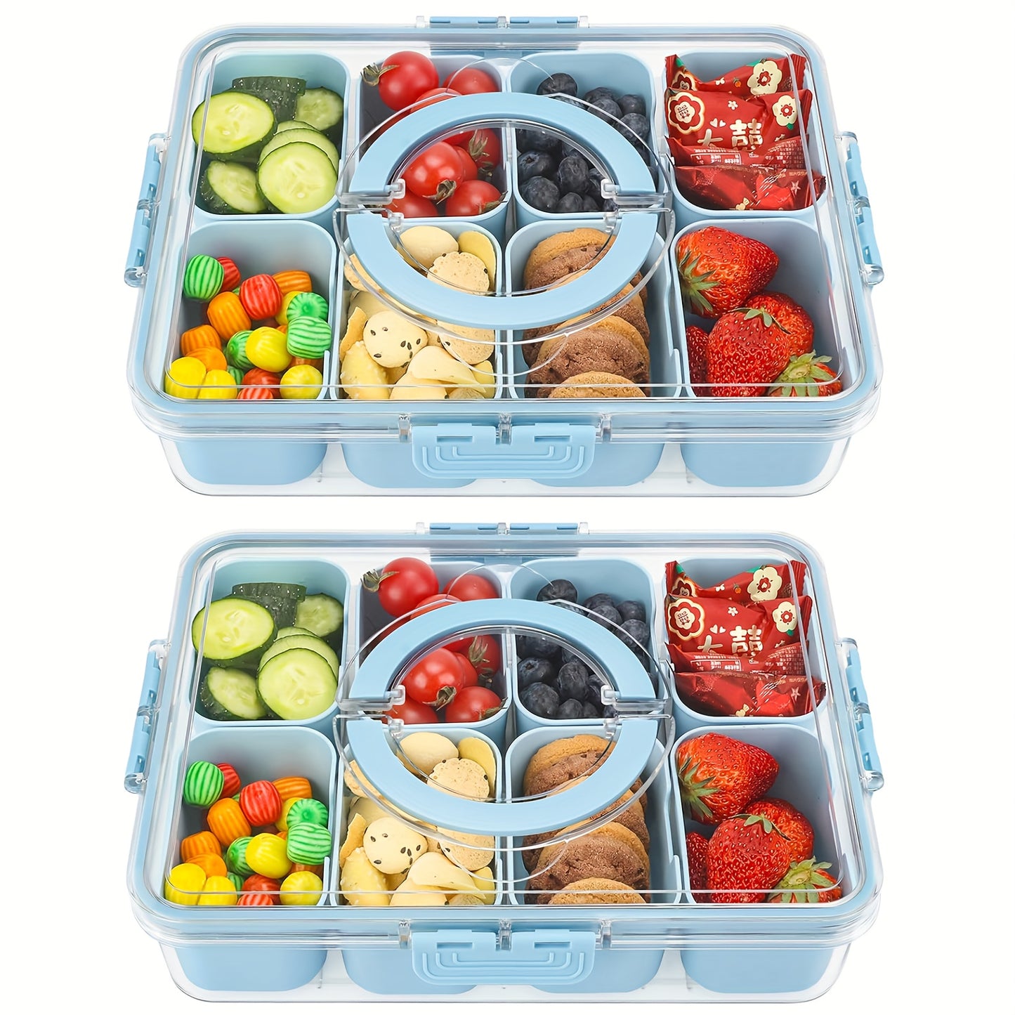 Snackle Box 8-Compartment Clear Divided Snack Container – 2 Pack with Lid & Handle, Portable Serving Tray for Fruit Veggies Cheese & Charcuterie, Travel Picnic Camping & Party – Blue